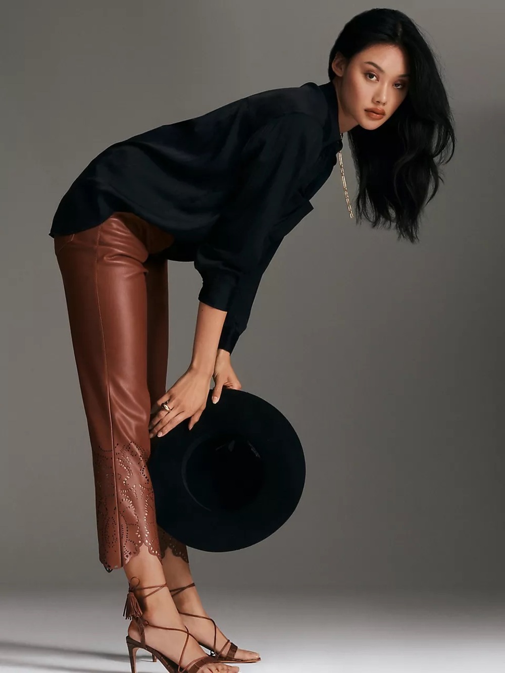 Anthropologie Laser Cut Faux Leather Cropped Flare Pants US 6 Brown Cognac